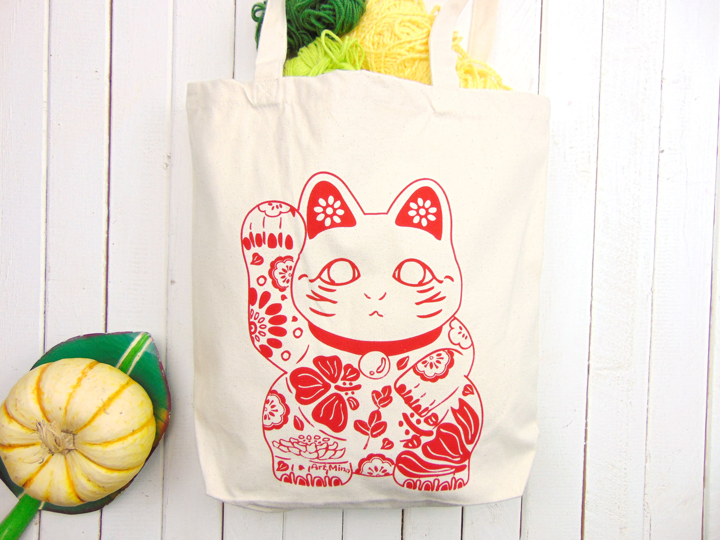 Canvas Tote Bag, Aloha Lucky Cat "Hawaiian Maneki Neko"