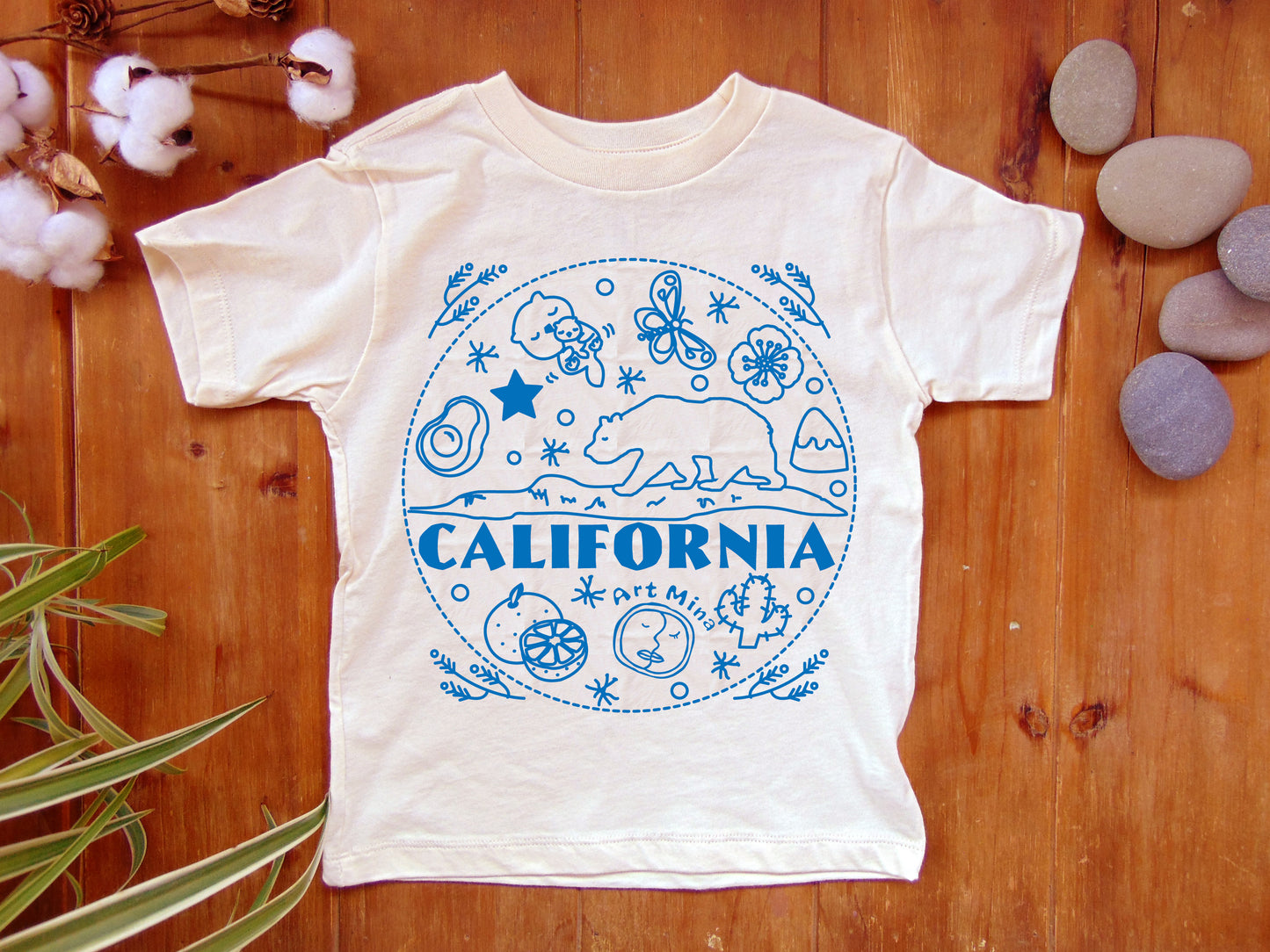 California Bear kids Tee, Hand Printed Blue Ink