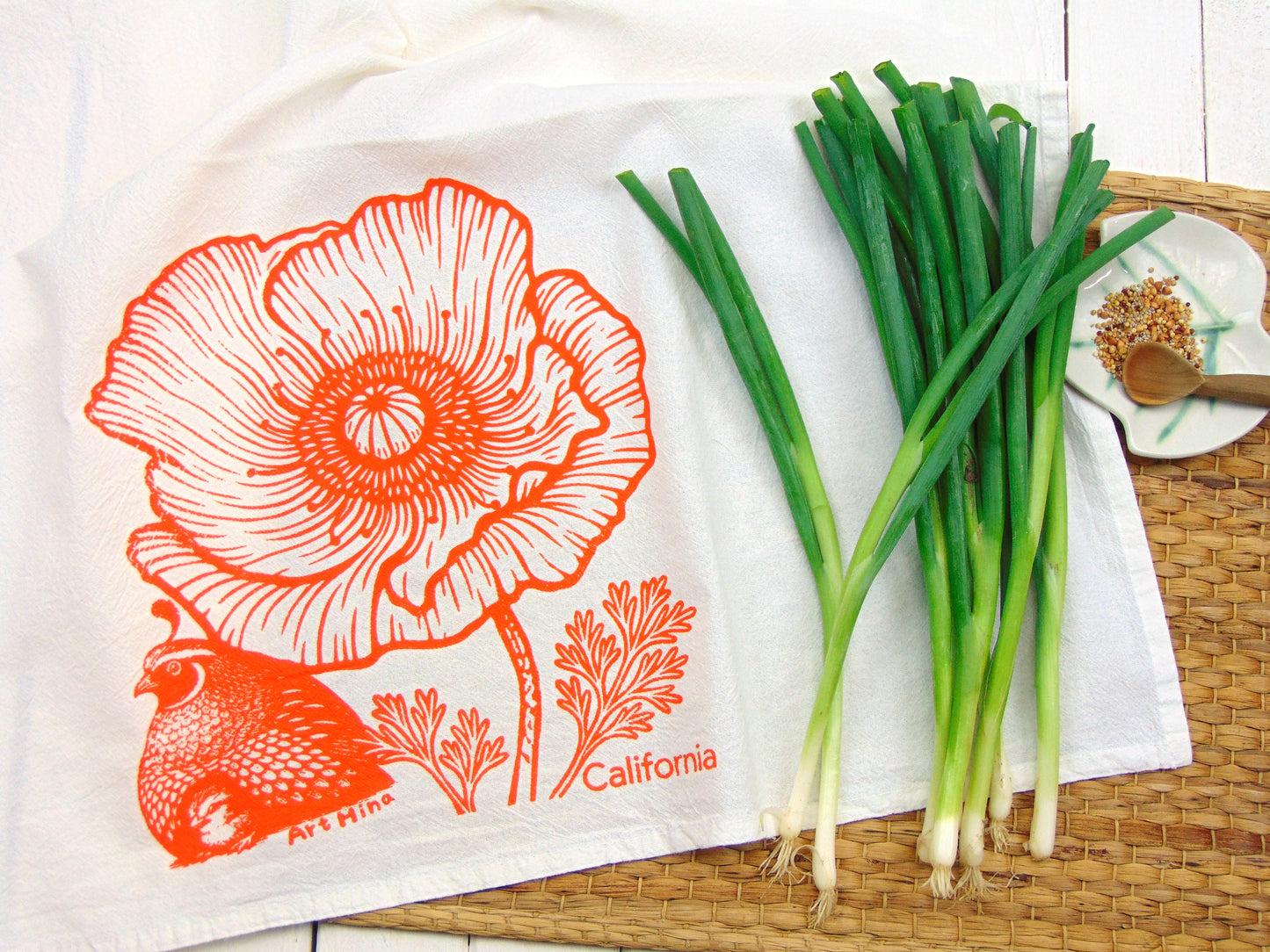 Flour Sack Kitchen Tea Towel - California Poppy & Quail
