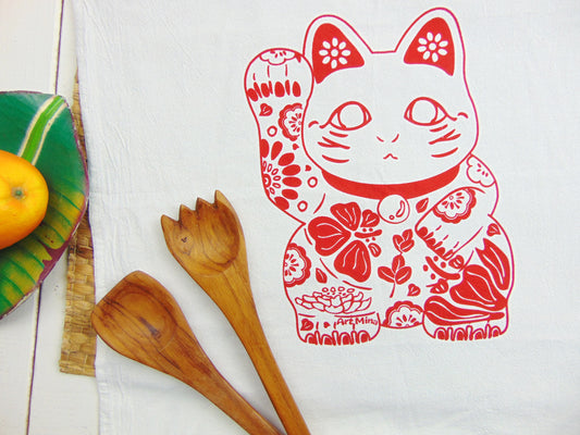 Aloha Lucky Cat "Hawaiian Maneki Neko" Flour Sack Kitchen Tea Towel