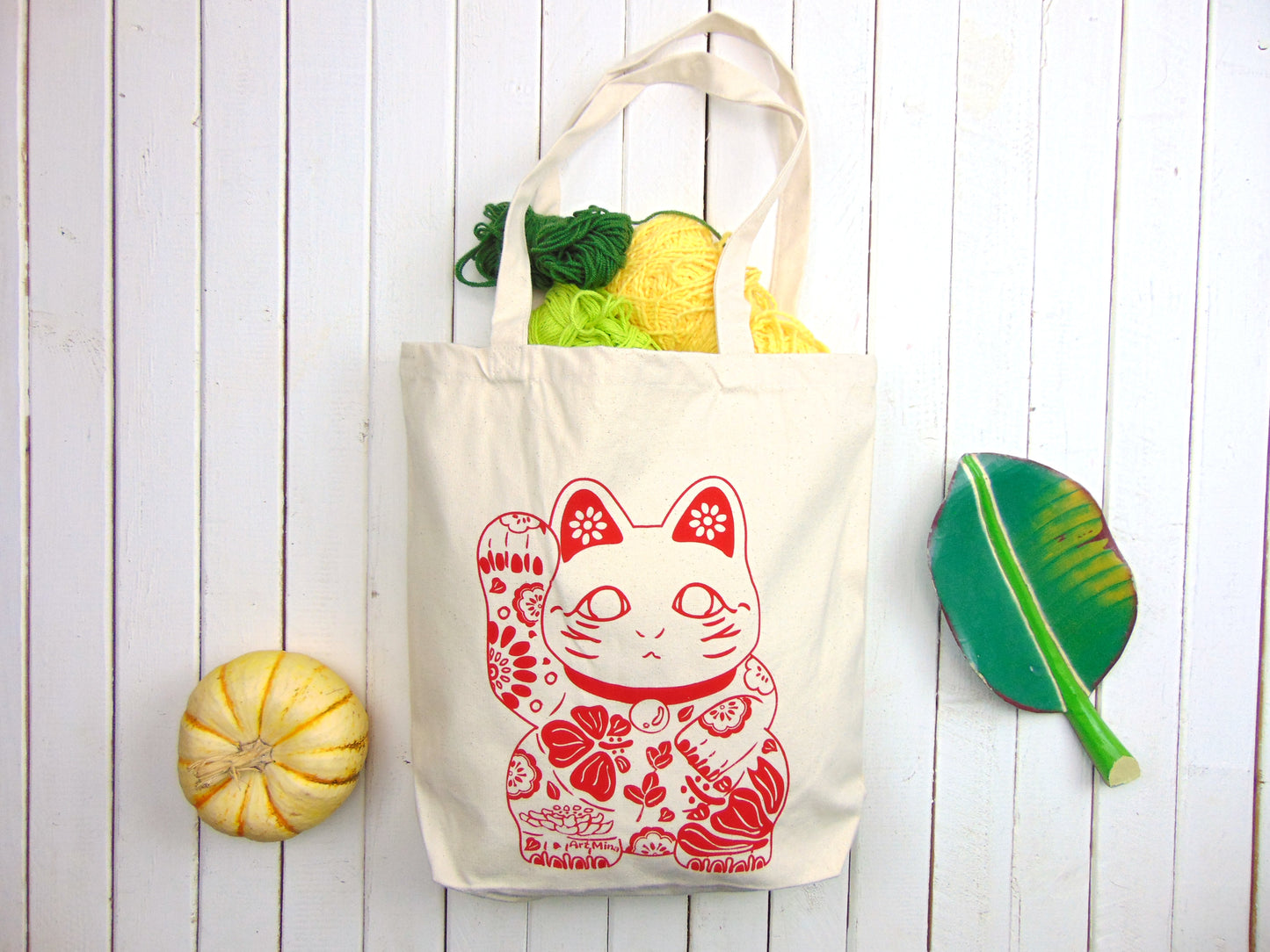 Canvas Tote Bag, Aloha Lucky Cat "Hawaiian Maneki Neko"