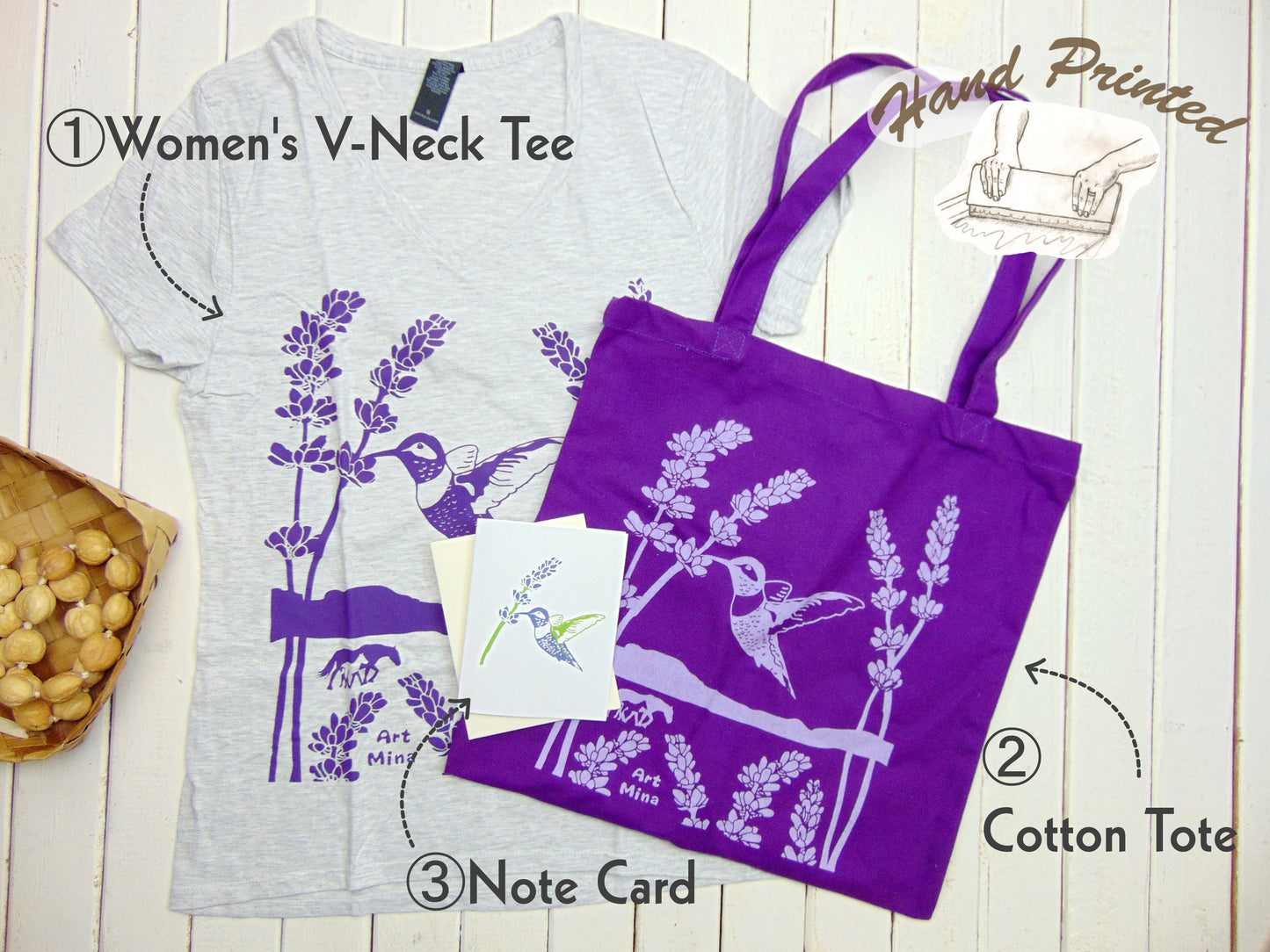 Hummingbird Lavender Gift Set - Hand Screen printed Tee & Tote Bag