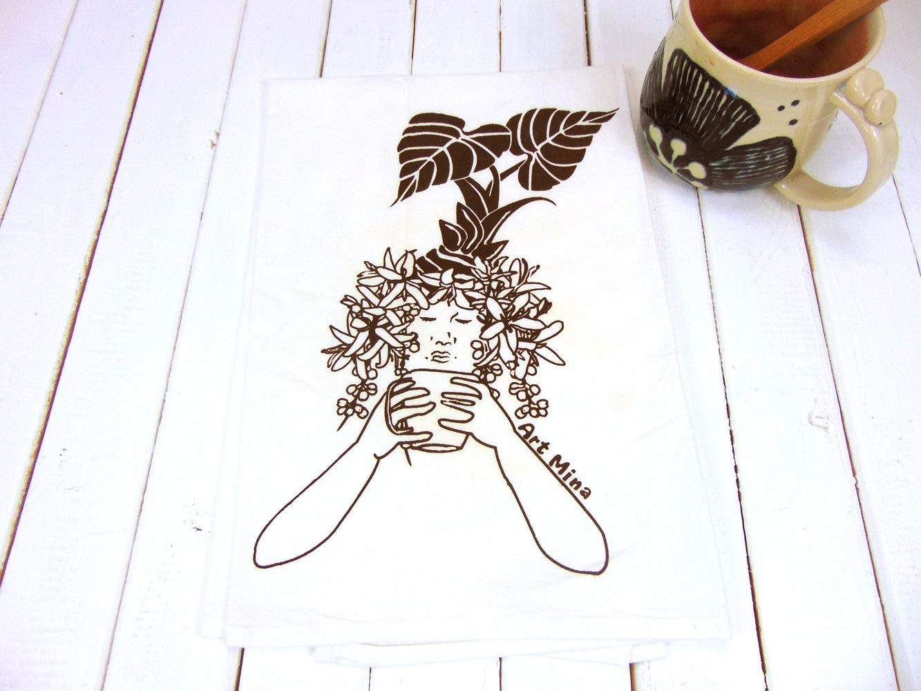 Flour Sack Kitchen Tea Towel "Morning Kona Coffee" Kope Brown