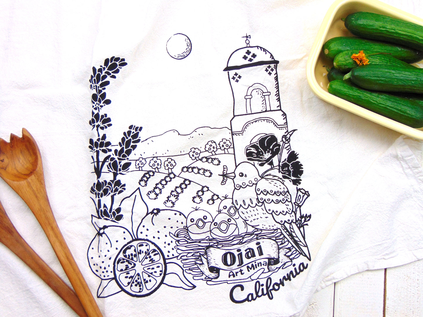 Flour Sack Kitchen Tea Towel "Ojai California 'Me! Me!'"