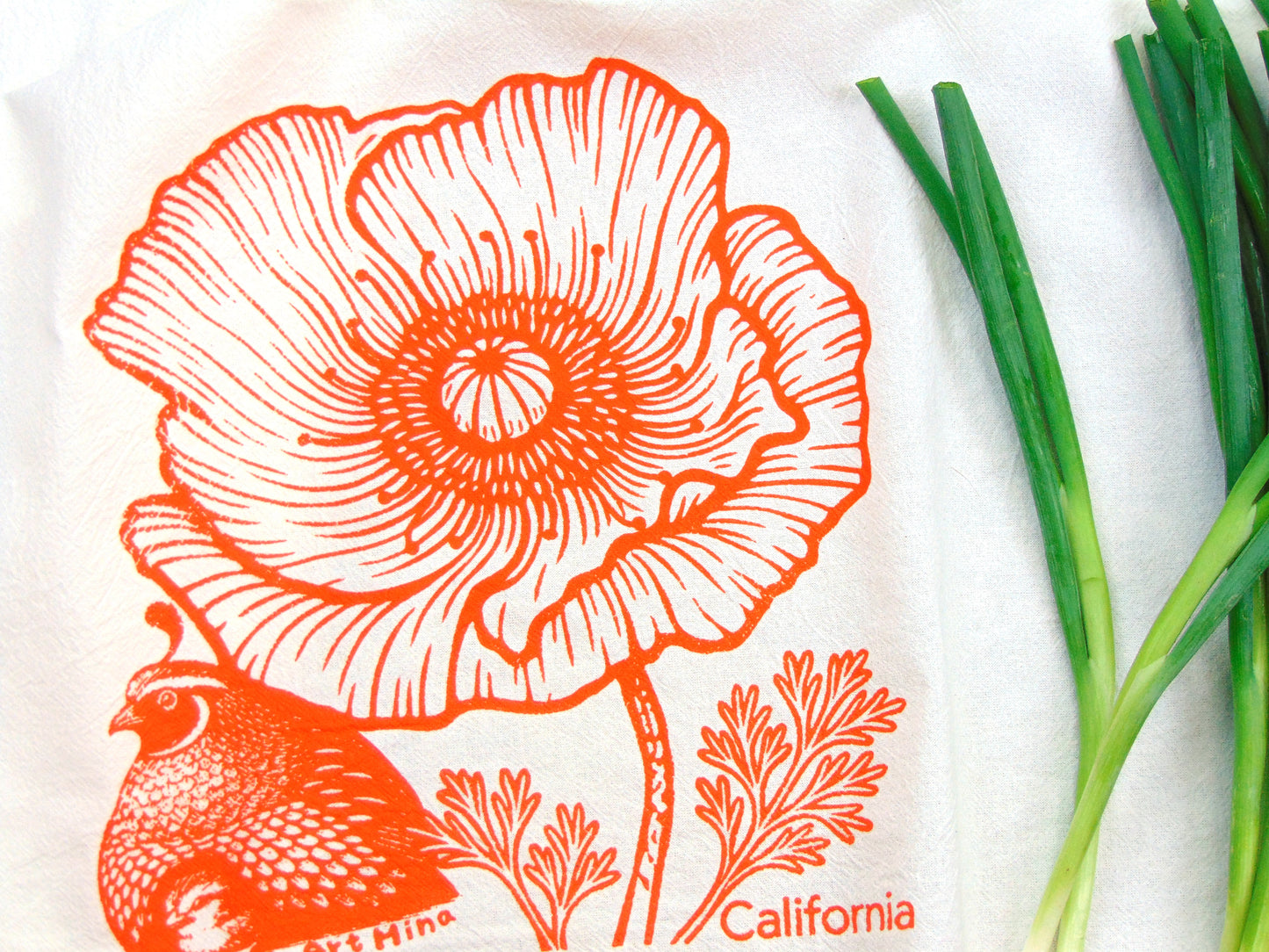 Flour Sack Kitchen Tea Towel - California Poppy & Quail