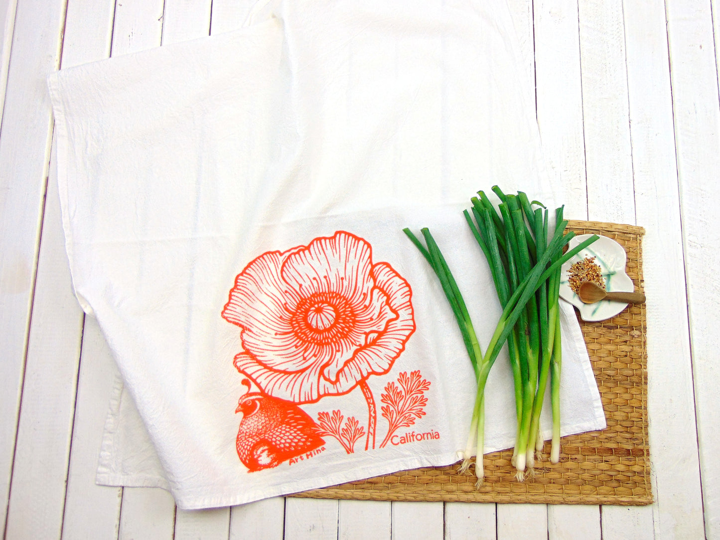 Flour Sack Kitchen Tea Towel - California Poppy & Quail