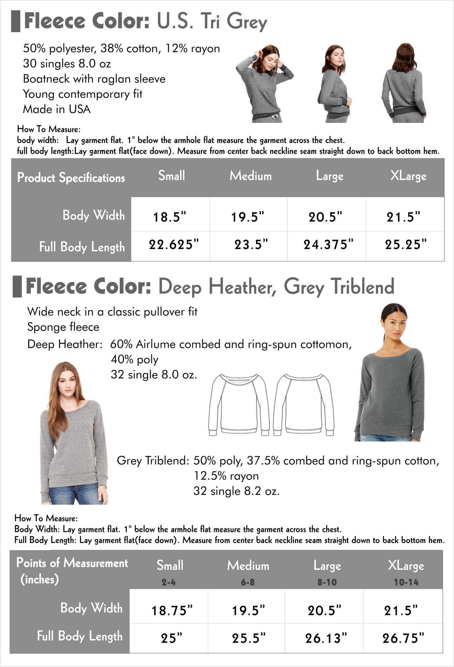 Women's Fleece Size Chart