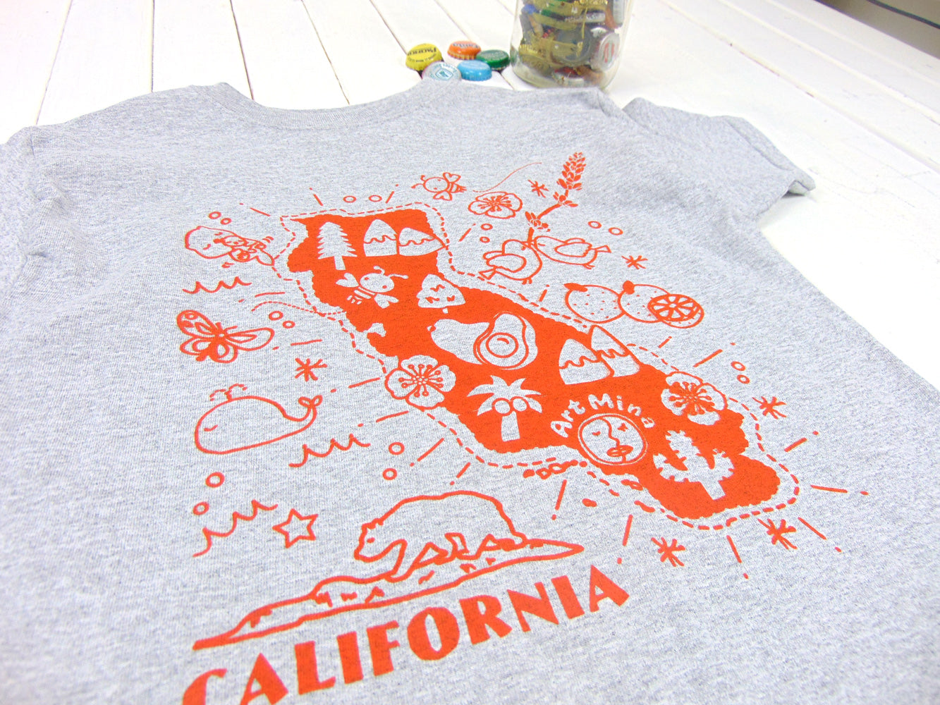 Youth Kids Tee "Kawaii! California Map" Light Steel