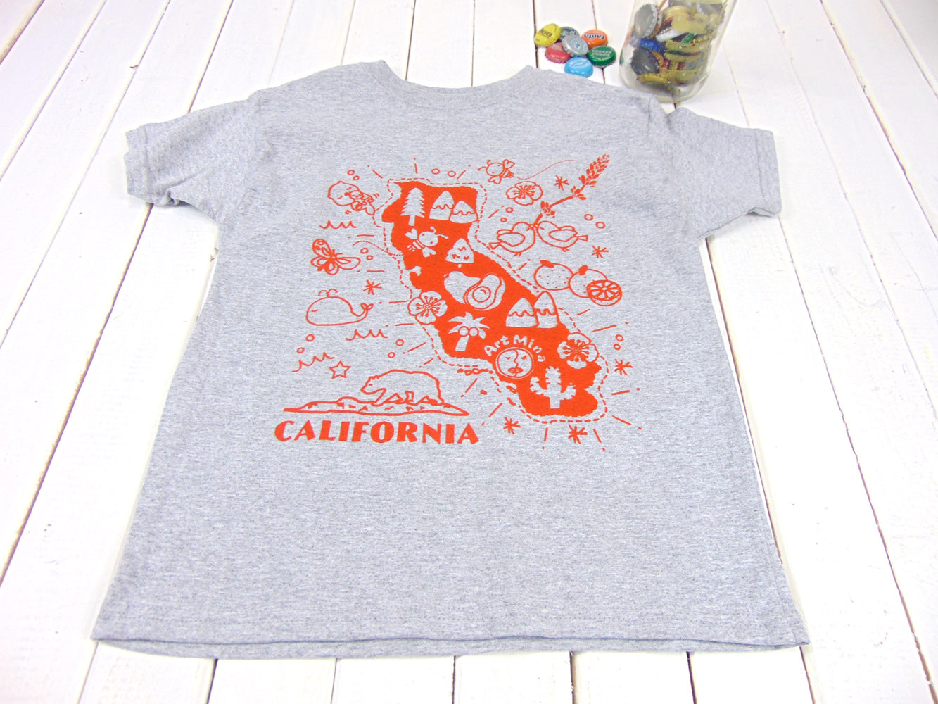 Youth Kids Tee "Kawaii! California Map" Light Steel