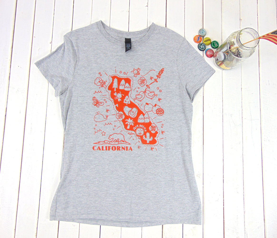 Soft Women's Tee "Art Mina California Map" Color : Light Steel