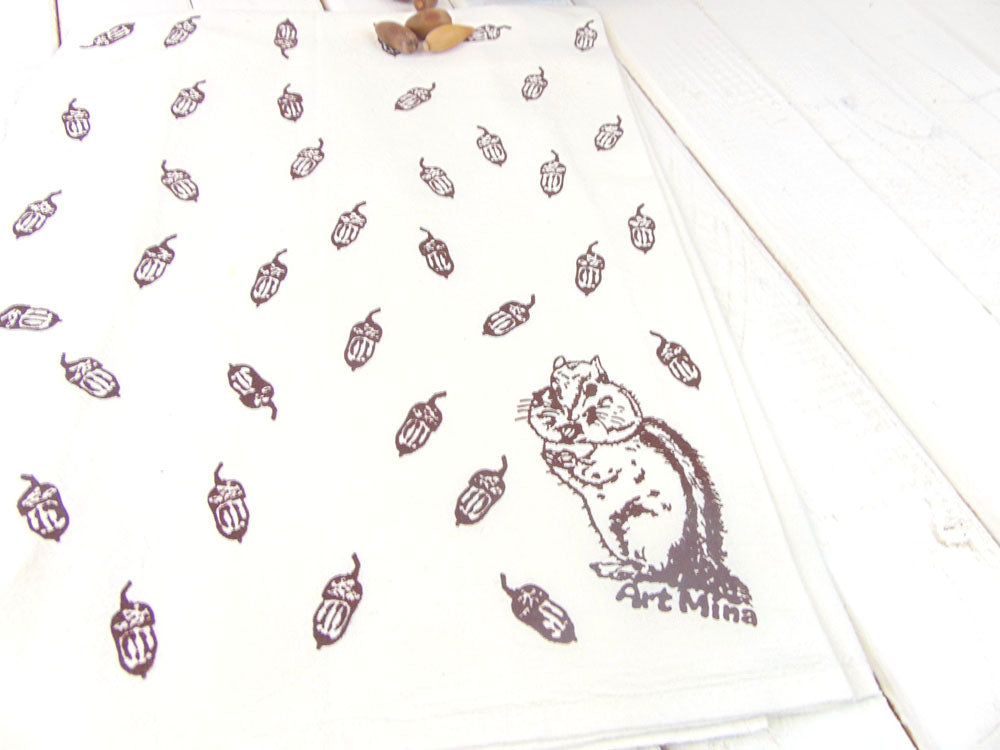 Flour Sack Kitchen Tea Towel "Acorn and Chipmunk"