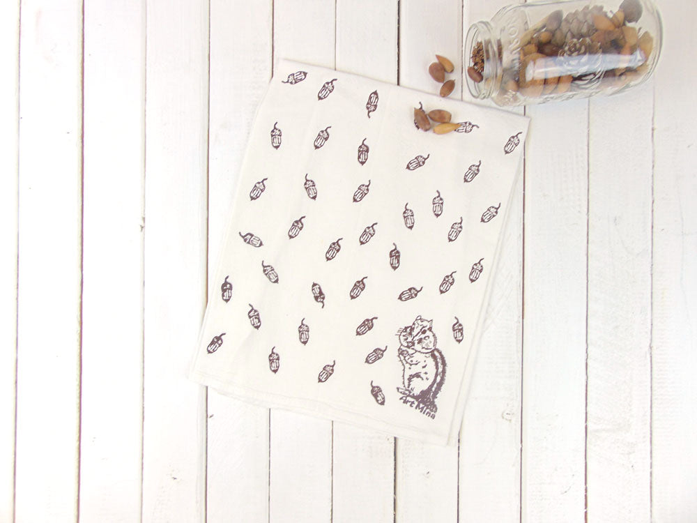 Flour Sack Kitchen Tea Towel "Acorn and Chipmunk"