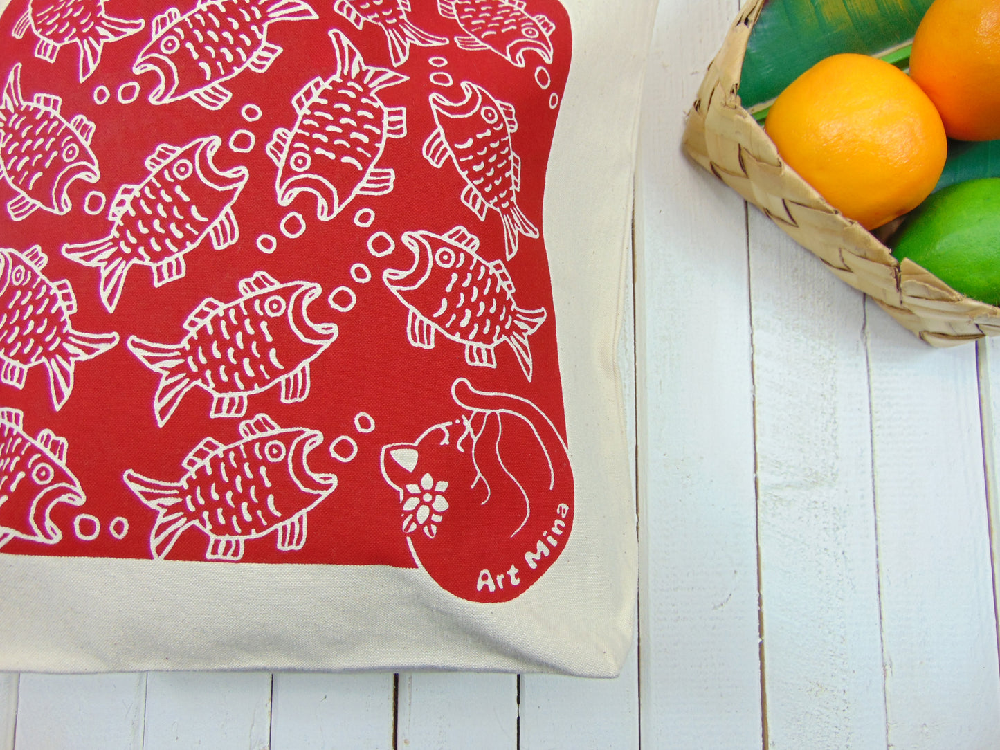 Art Mina Canvas Tote Bag Red Fish and Cat