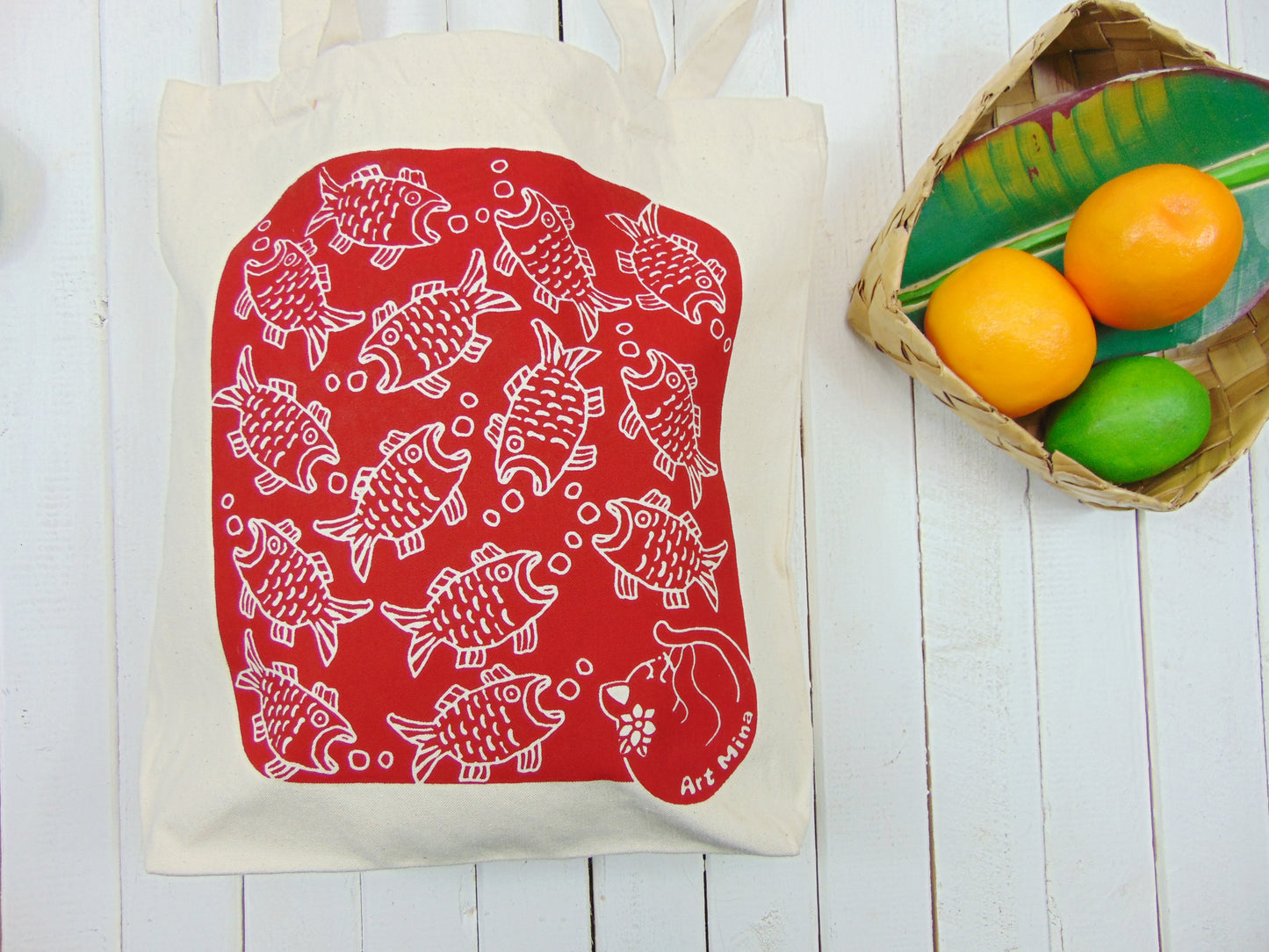 Art Mina Canvas Tote Bag Red Fish and Cat