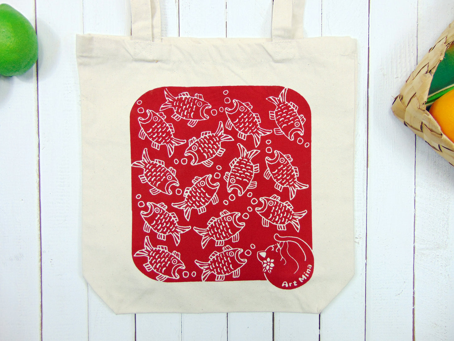 Art Mina Canvas Tote Bag Red Fish and Cat