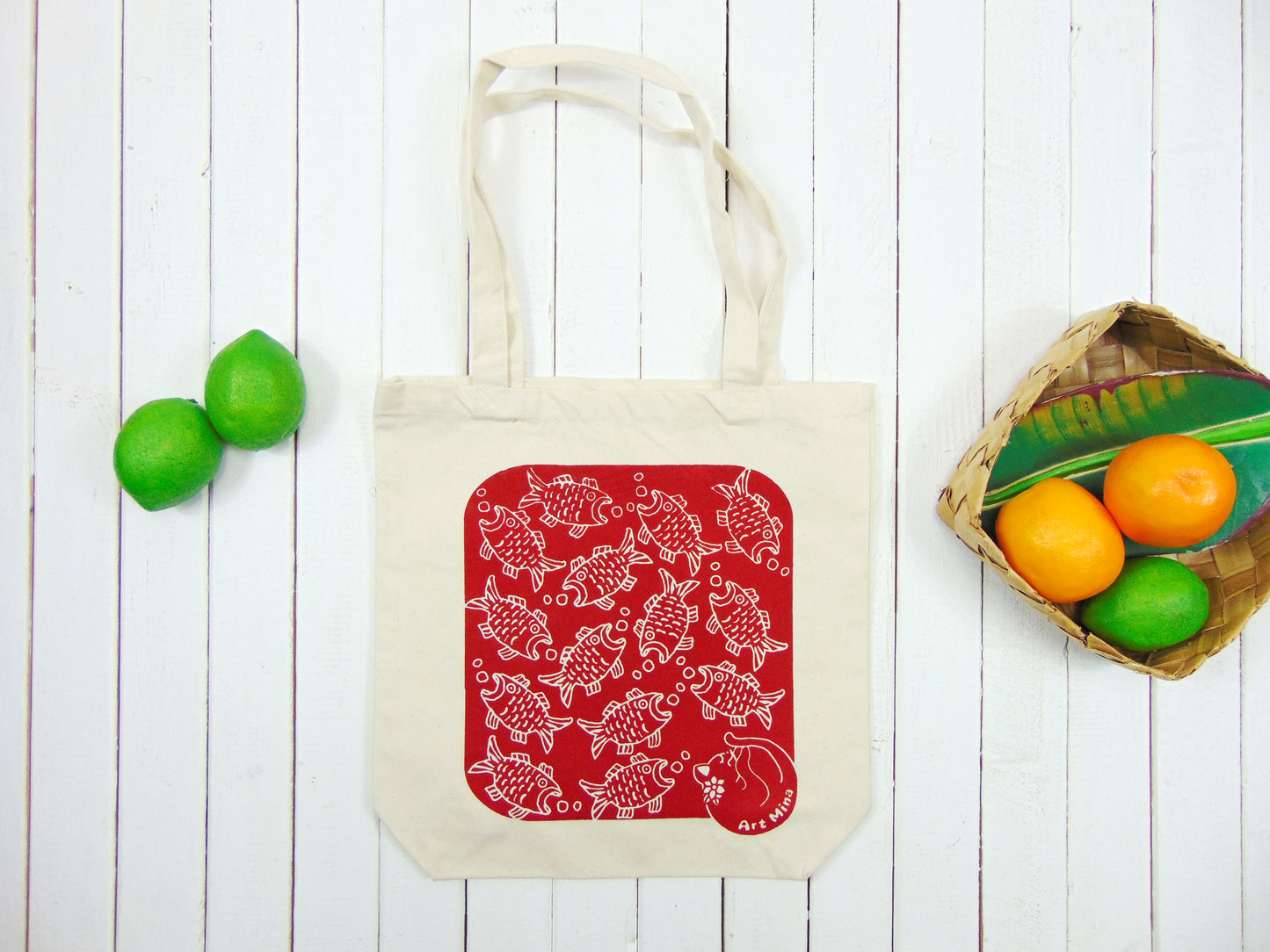 Art Mina Canvas Tote Bag Red Fish and Cat