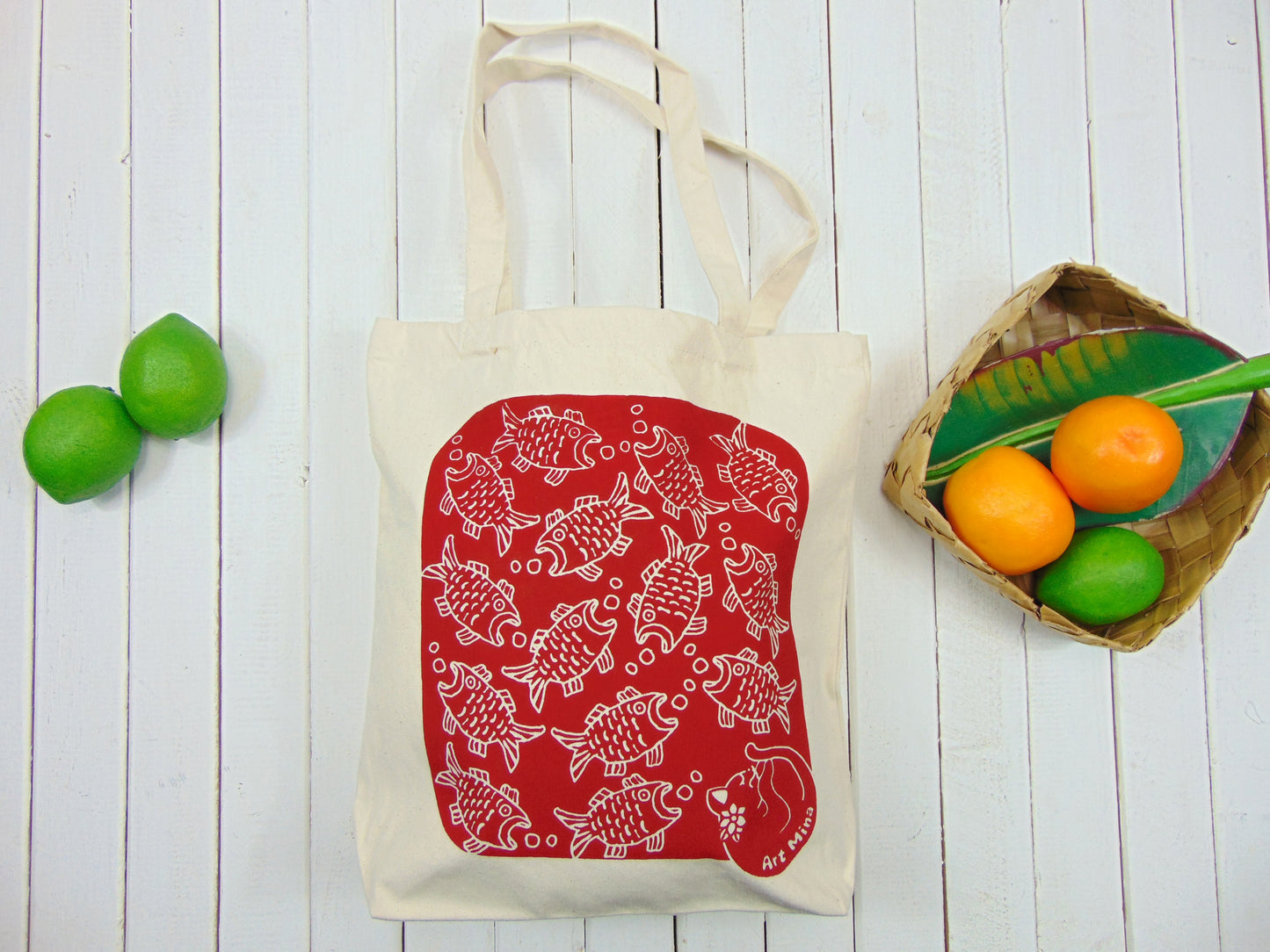 Art Mina Canvas Tote Bag Fish and Cat