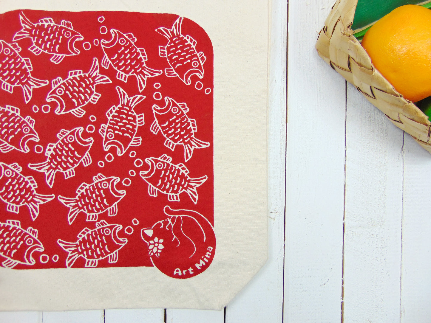 Art Mina Canvas Tote Bag Red Fish and Cat