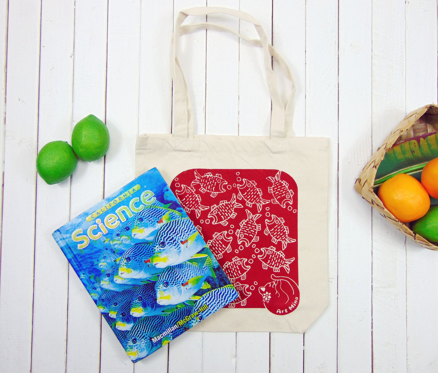 Art Mina Canvas Tote Bag Red Fish and Cat