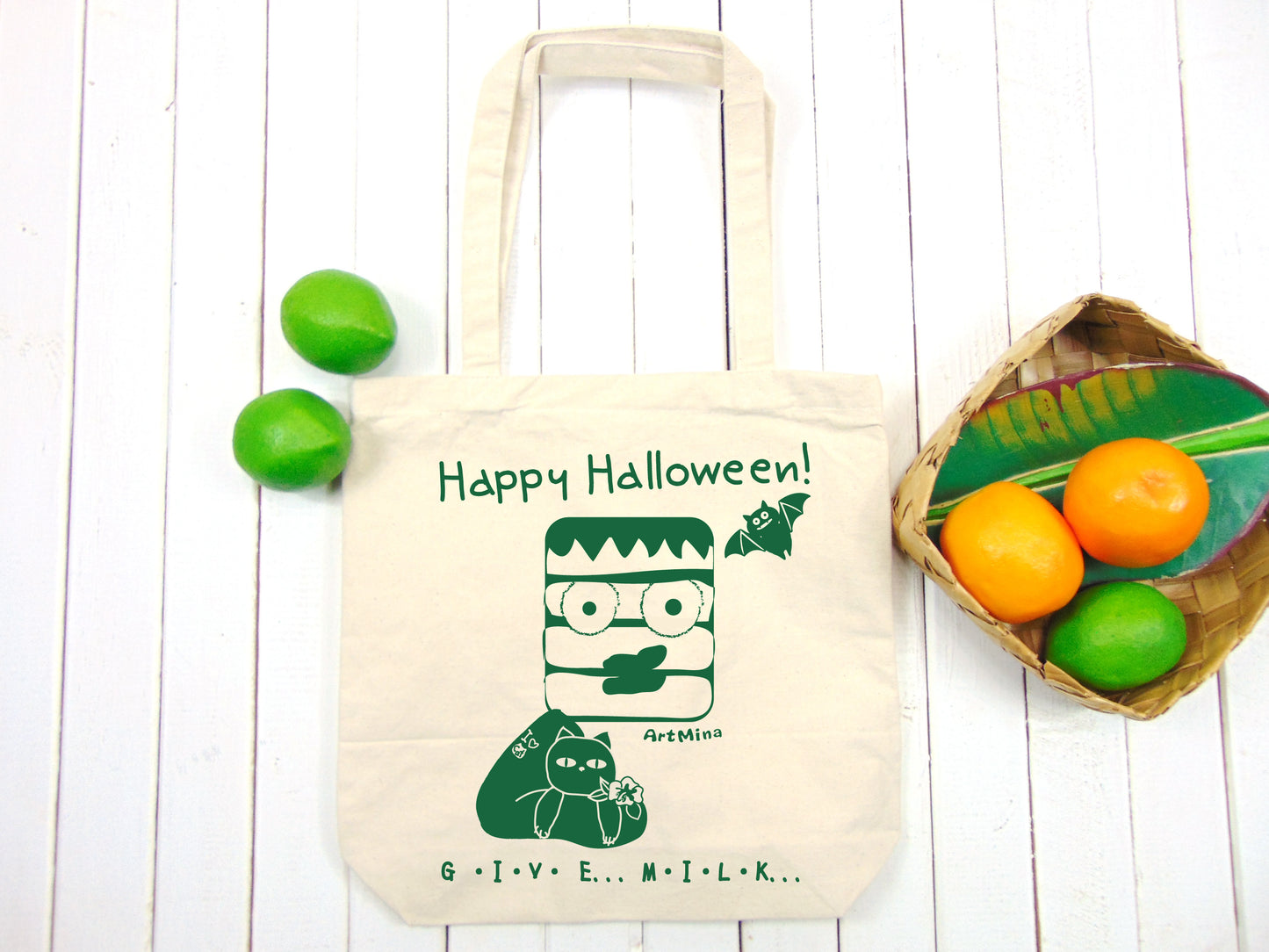 A photo of Art Mina Medium Canvas Tote Bag "Cat Lover Frankenstein - GIVE .. MILK..."