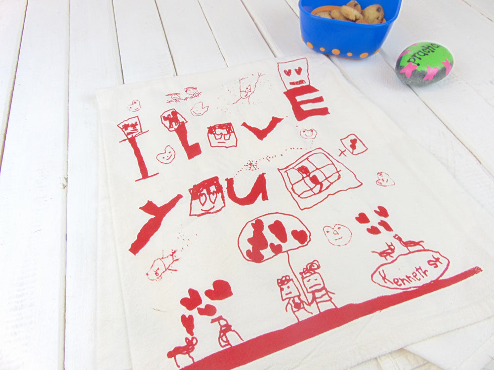 Flour Sack Kitchen Tea Towel "I love you" - Kids Drawing