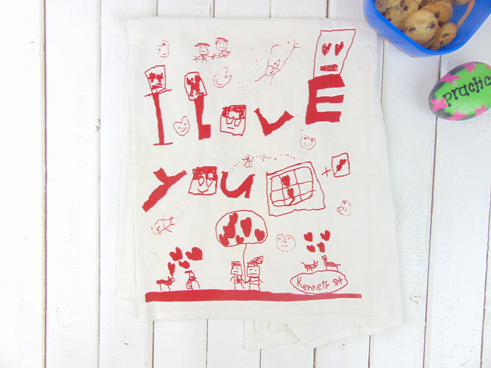 Flour Sack Kitchen Tea Towel "I love you" - Kids Drawing