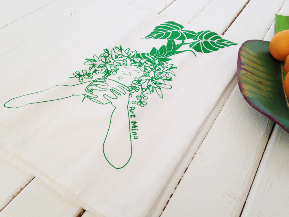 Flour Sack Kitchen Tea Towel "Morning Kona Coffee" Lauhala Green