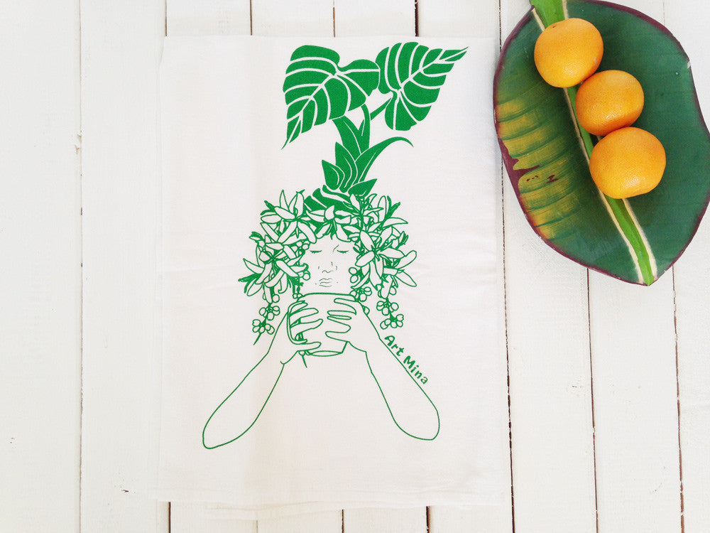 Flour Sack Kitchen Tea Towel "Morning Kona Coffee" Lauhala Green