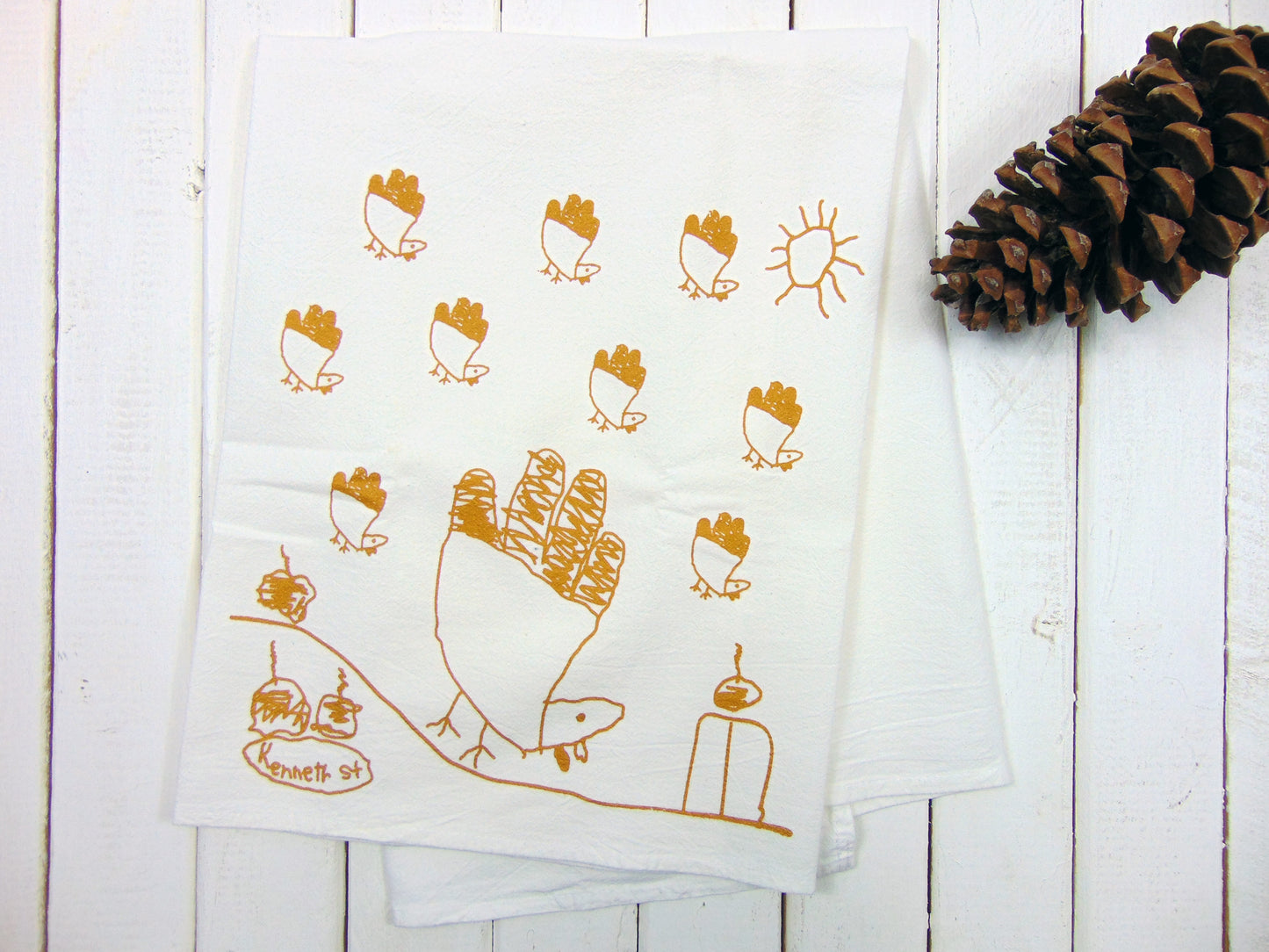 Flour Sack Kitchen Tea Towel "Kids Drawing Thanksgiving Turkey"