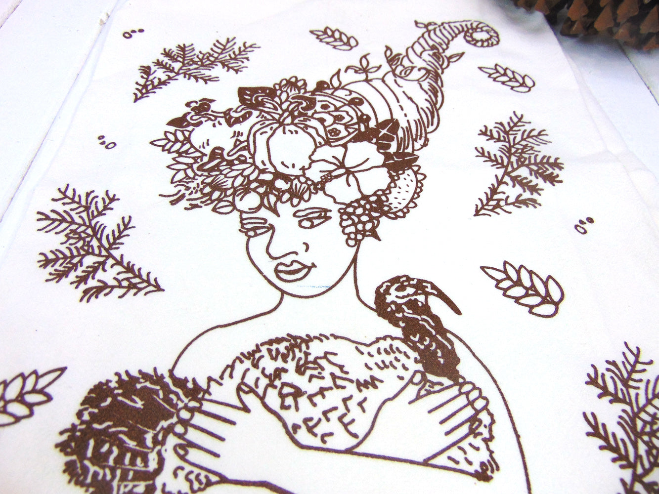 Art Mina Flour Sack Kitchen Tea Towel "Thanksgiving Cornucopia and Turkey"