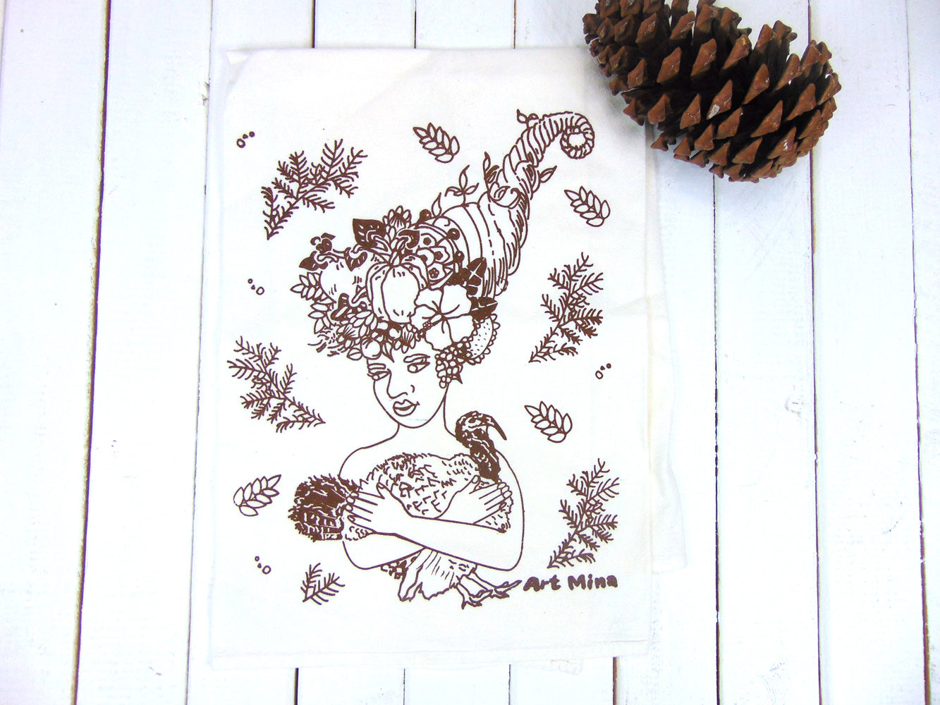 Art Mina Flour Sack Kitchen Tea Towel "Thanksgiving Cornucopia and Turkey"