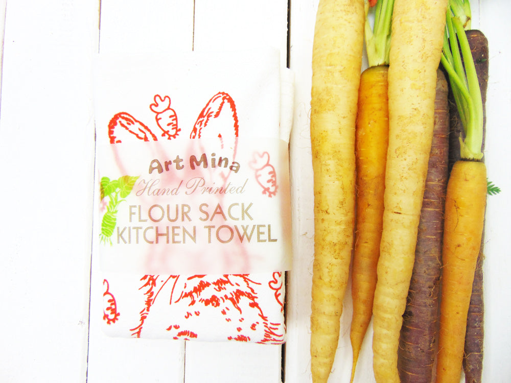 Flour Sack Kitchen Tea Towel "Carrot Bunny"