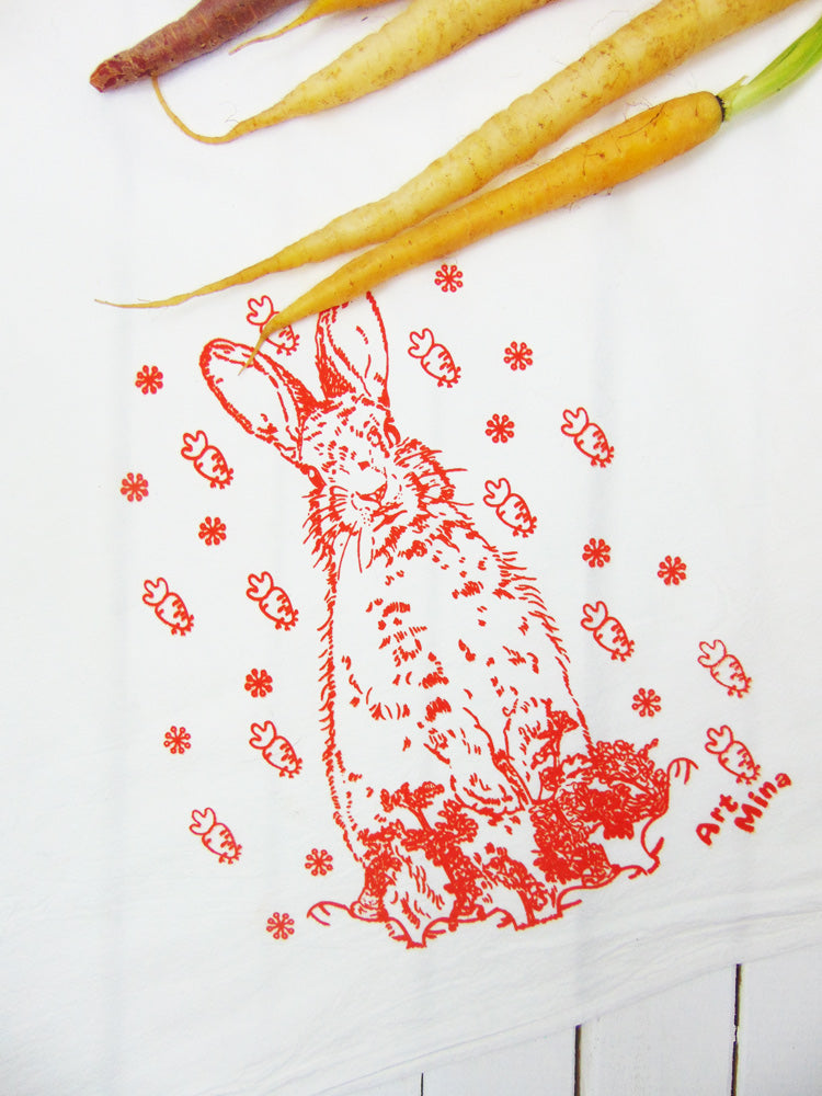 Flour Sack Kitchen Tea Towel "Carrot Bunny"