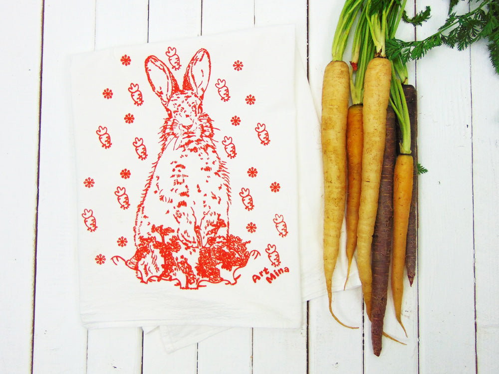 Flour Sack Kitchen Tea Towel "Carrot Bunny"