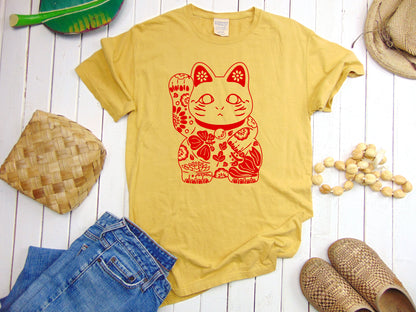 Vintage Aloha Lucky Cat T-shirt, hand-printed on USA cotton.
