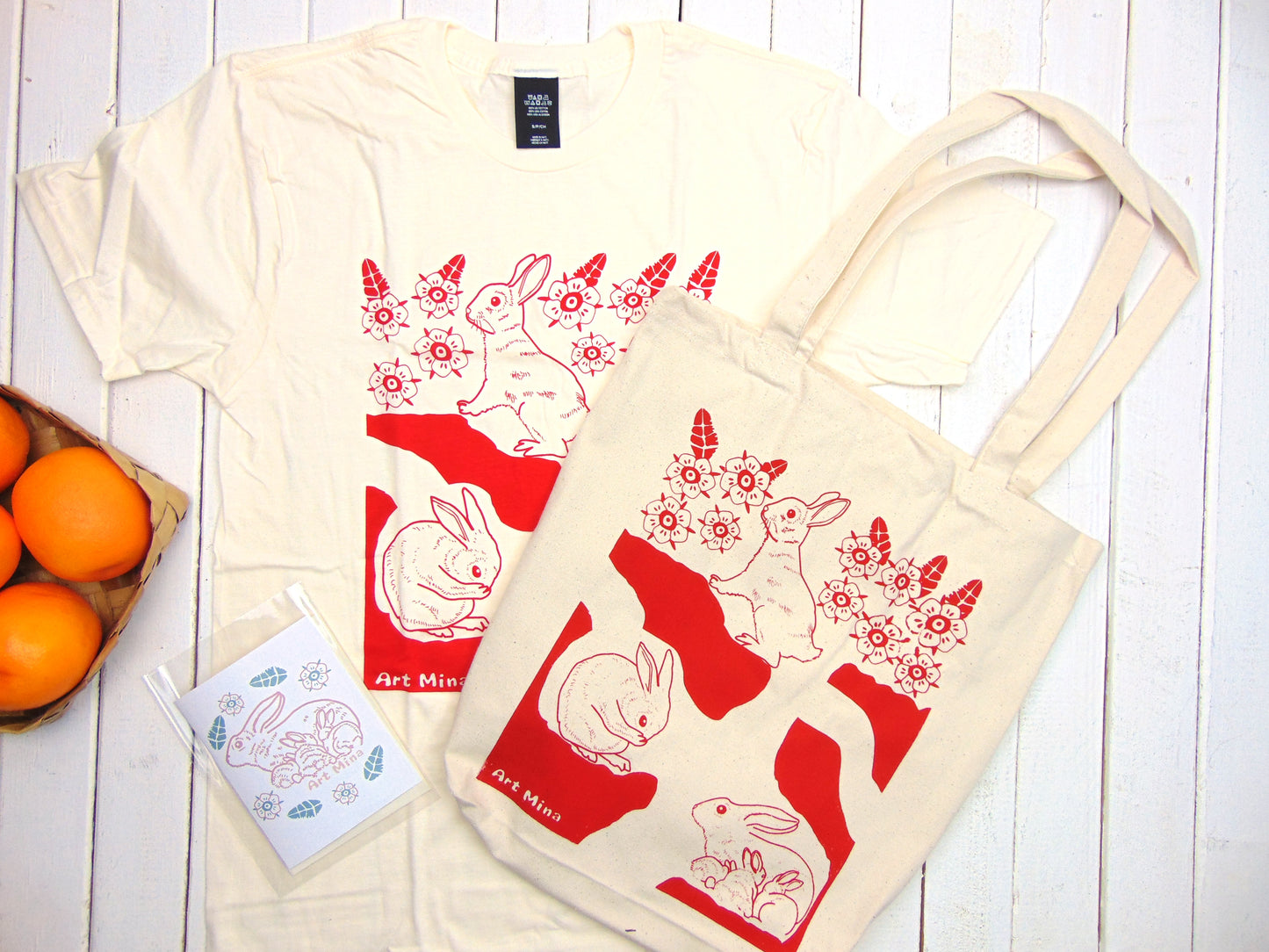 Rabbit Gift Set - Hand Screen printed Tee & Tote Bag