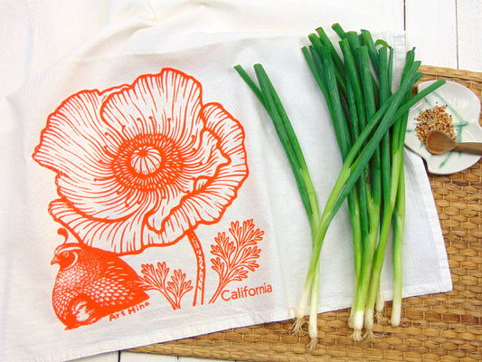 Flour Sack Kitchen Tea Towel - California Poppy & Quail