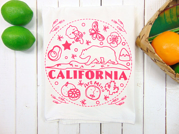 Flour Sack Kitchen Tea Towel "California Bear" Ink: Pink