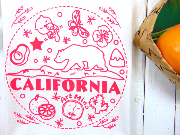 Flour Sack Kitchen Tea Towel "California Bear" Ink: Pink