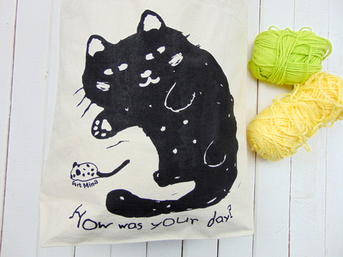 Art Mina's funny black cat tote bag