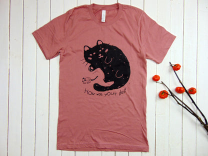 Soft Unisex Tee Lazy Back Cat "How was your day?"
