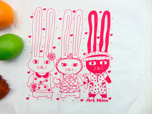 pink bunnies tea towel