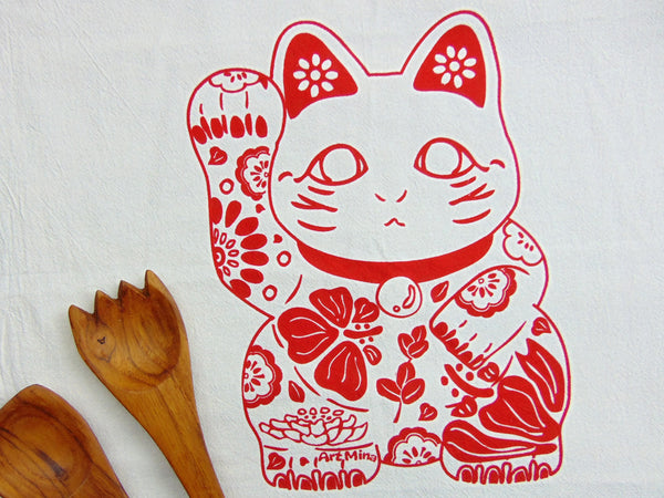 Aloha Lucky Cat "Hawaiian Maneki Neko" Flour Sack Kitchen Tea Towel