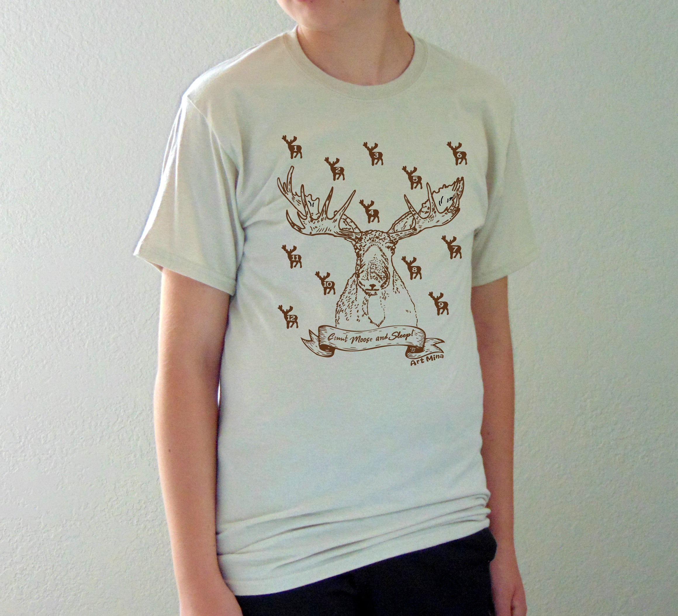 Funny Cool Moose T Shirt Hnad Screen Printed Art Mina M US Unisex