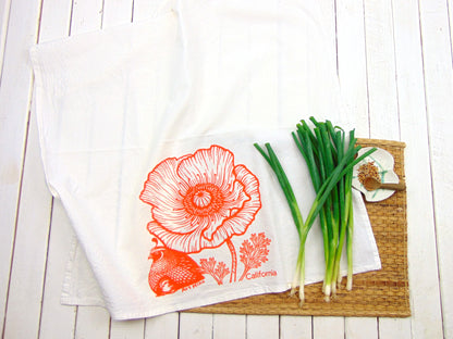Flour Sack Kitchen Tea Towel - California Poppy & Quail