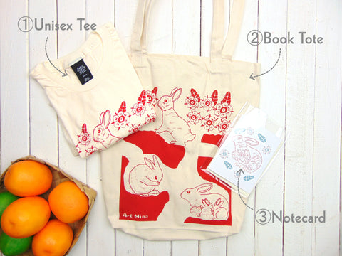 Rabbit Gift Set - Hand Screen printed Tee & Tote Bags