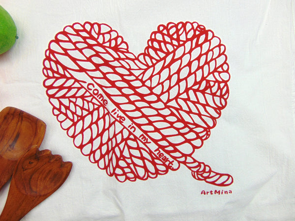 Flour Sack Kitchen Tea Towel "Red Yarn Heart"