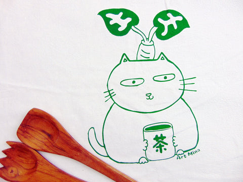Green tea Cat "Ocha Neko" Flour Sack Kitchen Tea Towel