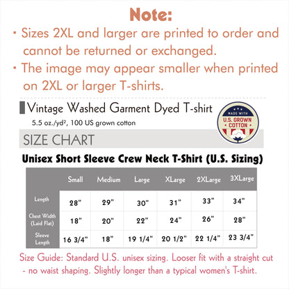 Size chart for garment-dyed unisex T-shirts with labeled measurements for chest, length, and sleeves in inches.