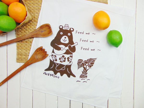 Flour Sack Kitchen Tea Towel "Big Molly Bear is singing in the Taro Garden"